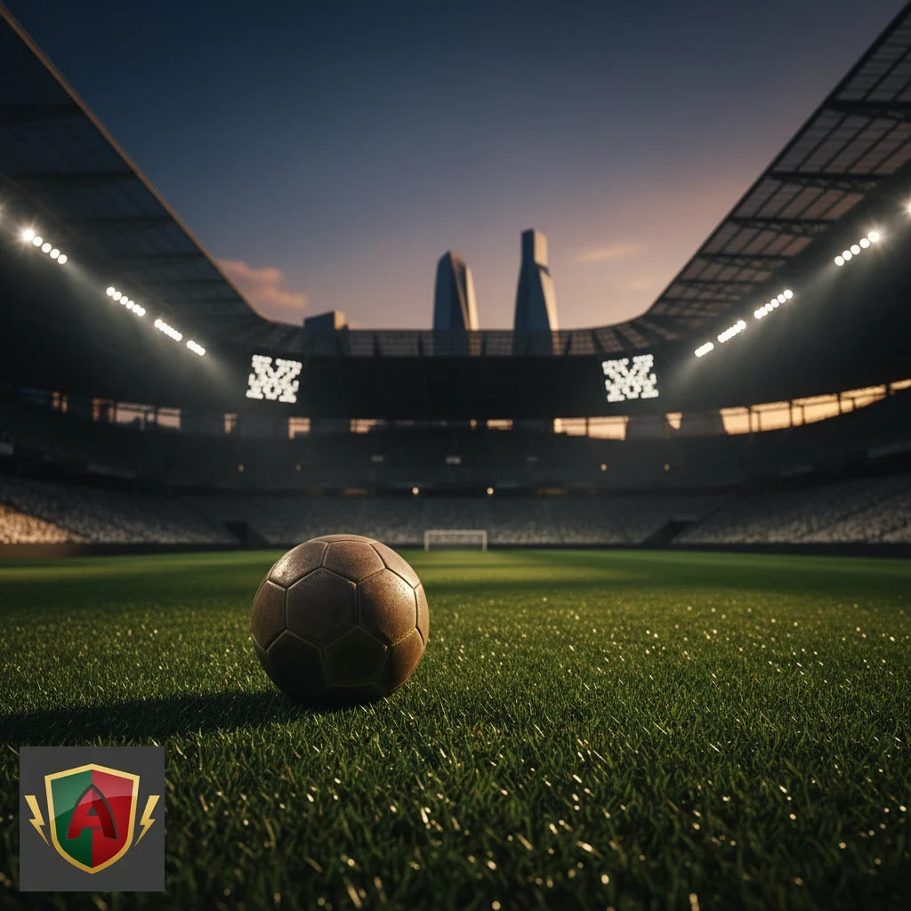 Bola de futebol em relvado de estádio europeu