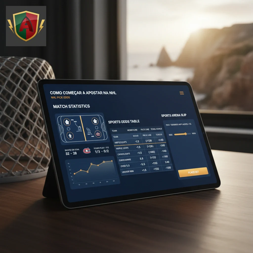 Interface digital com seleção de boletim de apostas e mercados de hóquei no gelo.