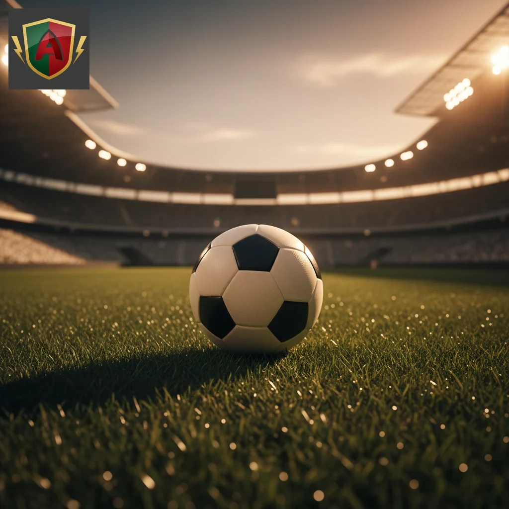 Bola de futebol em relvado de estádio europeu iluminado